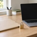 Closed document folder, padlock and laptop on a home desk.
