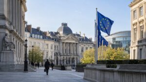 AI-generated illustration of a European civic square with European Union flags.