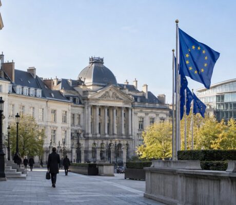 AI-generated illustration of a European civic square with European Union flags.