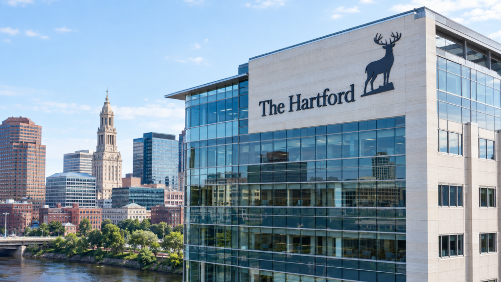 The Hartford name and stag on a modern insurance office building