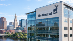 The Hartford name and stag on a modern insurance office building