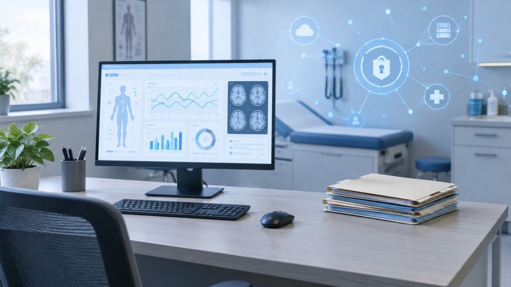 Illustration of a clinic workstation with health data and paper files