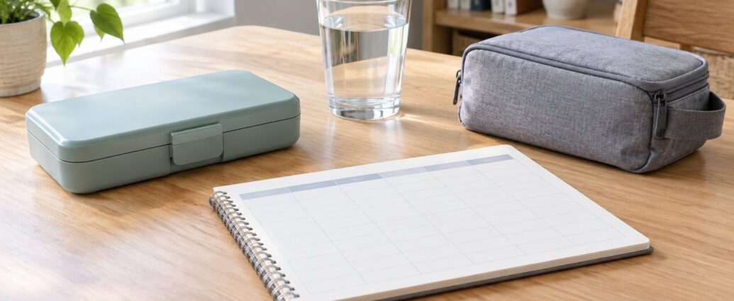 Medication storage case, planner and water on a home table.
