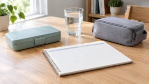 Medication storage case, planner and water on a home table.