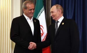 Archive photo: Masoud Pezeshkian and Vladimir Putin shake hands at the September 1, 2025 SCO summit, not today's meeting.