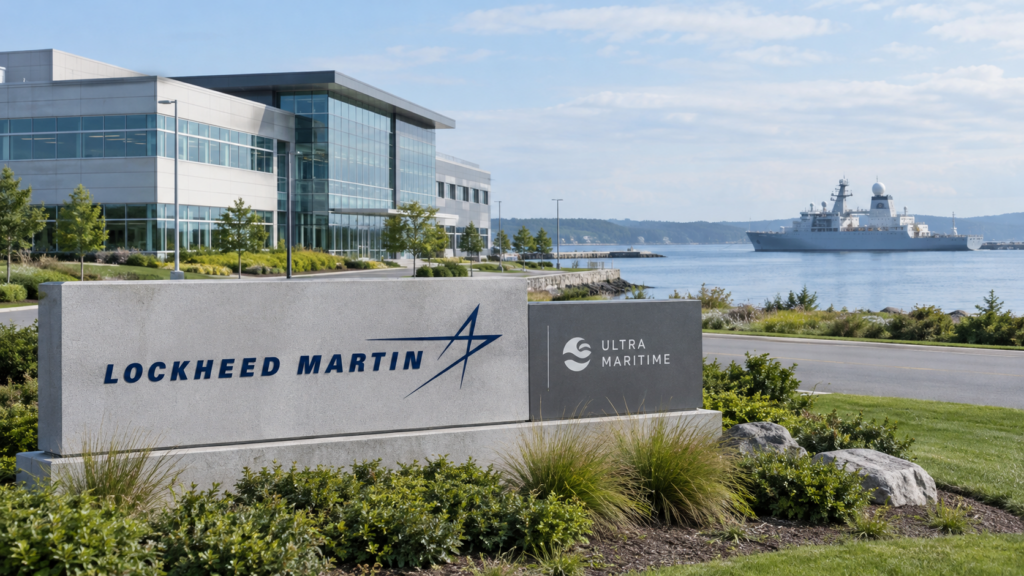Lockheed Martin and Ultra Maritime signs beside a waterfront defense campus