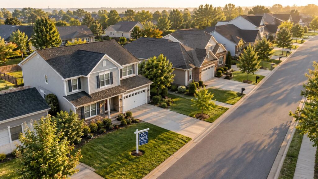 Aerial view of a suburban neighborhood with a for-sale sign at sunrise