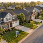 Aerial view of a suburban neighborhood with a for-sale sign at sunrise