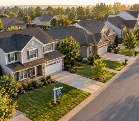 Aerial view of a suburban neighborhood with a for-sale sign at sunrise