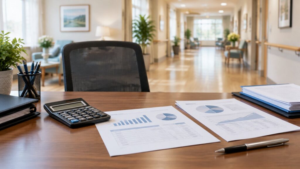 Illustration of a nursing-home administrator desk with financial records