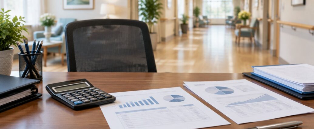 Illustration of a nursing-home administrator desk with financial records