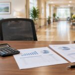 Illustration of a nursing-home administrator desk with financial records