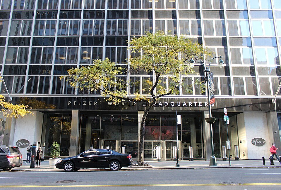 Archive view of Pfizer's former headquarters entrance in Manhattan, photographed in2016