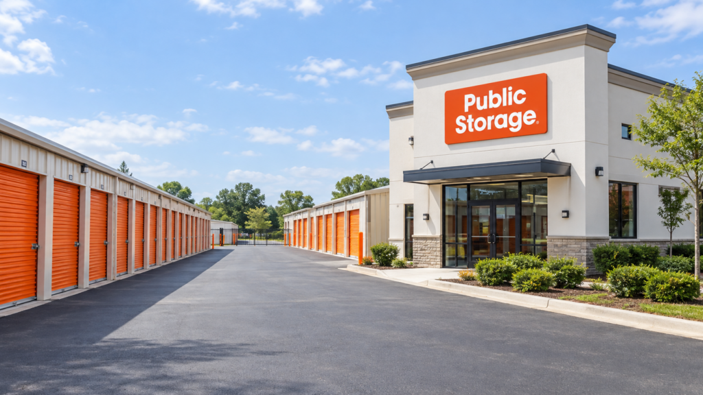 Public Storage property with orange storage-unit doors