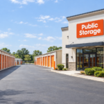 Public Storage property with orange storage-unit doors