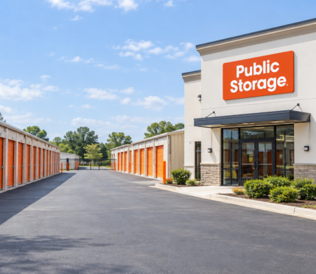 Public Storage property with orange storage-unit doors