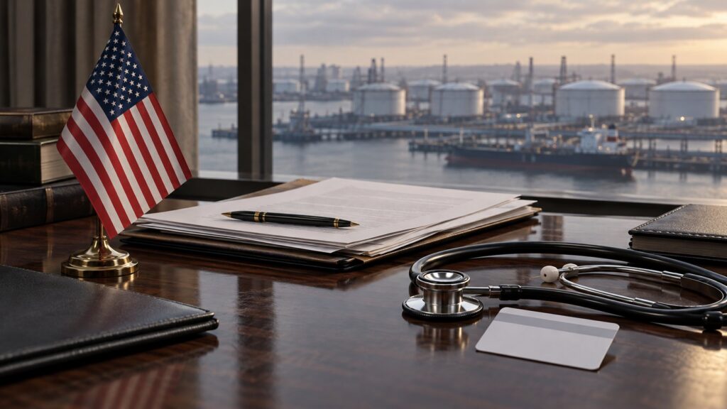 AI-generated illustration of an American flag, diplomatic papers and a stethoscope, with an oil terminal in the background.