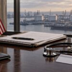 AI-generated illustration of an American flag, diplomatic papers and a stethoscope, with an oil terminal in the background.