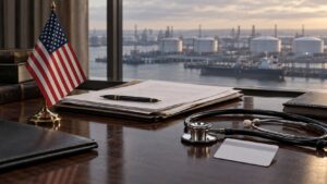 AI-generated illustration of an American flag, diplomatic papers and a stethoscope, with an oil terminal in the background.