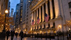 The New York Stock Exchange on Wall Street at dusk (AI-generated image)