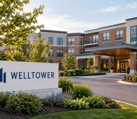 Welltower sign beside a landscaped seniors housing property