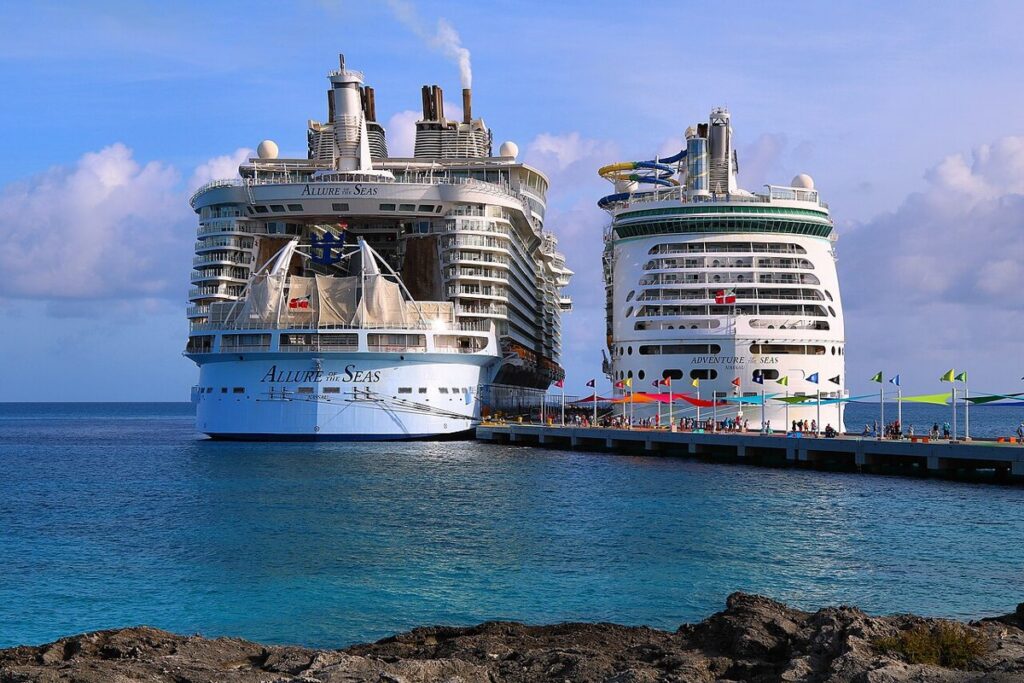 Royal Caribbean ships Allure of the Seas and Adventure of the Seas at CocoCay, Bahamas, in 2024
