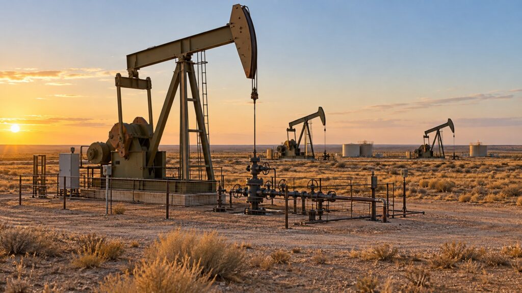 Oil pumpjacks and wellhead equipment at sunset
