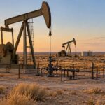 Oil pumpjacks and wellhead equipment at sunset