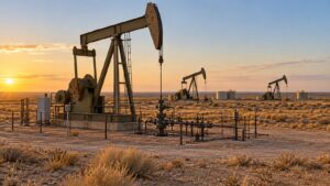 Oil pumpjacks and wellhead equipment at sunset