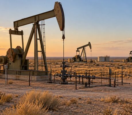 Oil pumpjacks and wellhead equipment at sunset