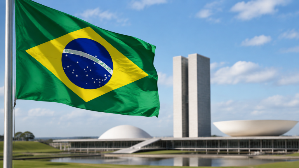 Brazilian flag outside a government building.