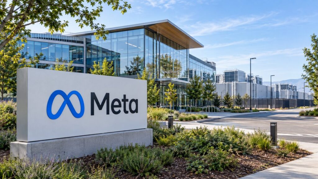Meta sign and blue infinity logo outside a modern corporate campus