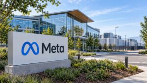 Meta sign and blue infinity logo outside a modern corporate campus