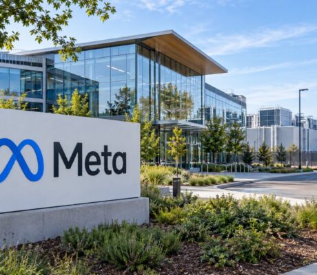 Meta sign and blue infinity logo outside a modern corporate campus