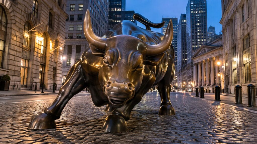 The Charging Bull statue near Wall Street at dawn