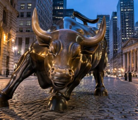The Charging Bull statue near Wall Street at dawn