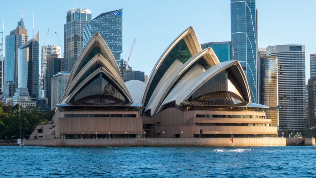 Archive photo: Sydney Opera House and city skyline, April 2023.