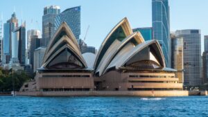 Archive photo: Sydney Opera House and city skyline, April 2023.