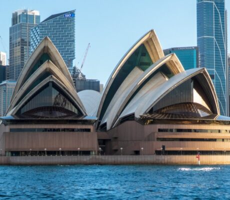 Archive photo: Sydney Opera House and city skyline, April 2023.