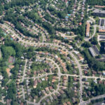 An aerial view of a suburban neighborhood.