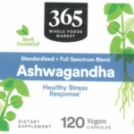Label for recalled 365 Whole Foods Market Ashwagandha 120-count capsules. Check bottle bottom for recalled lot2025-26227 and expiration10/13/2028.