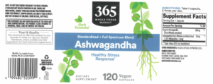 Label for recalled 365 Whole Foods Market Ashwagandha 120-count capsules. Check bottle bottom for recalled lot2025-26227 and expiration10/13/2028.