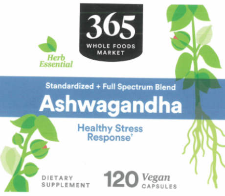 Label for recalled 365 Whole Foods Market Ashwagandha 120-count capsules. Check bottle bottom for recalled lot2025-26227 and expiration10/13/2028.