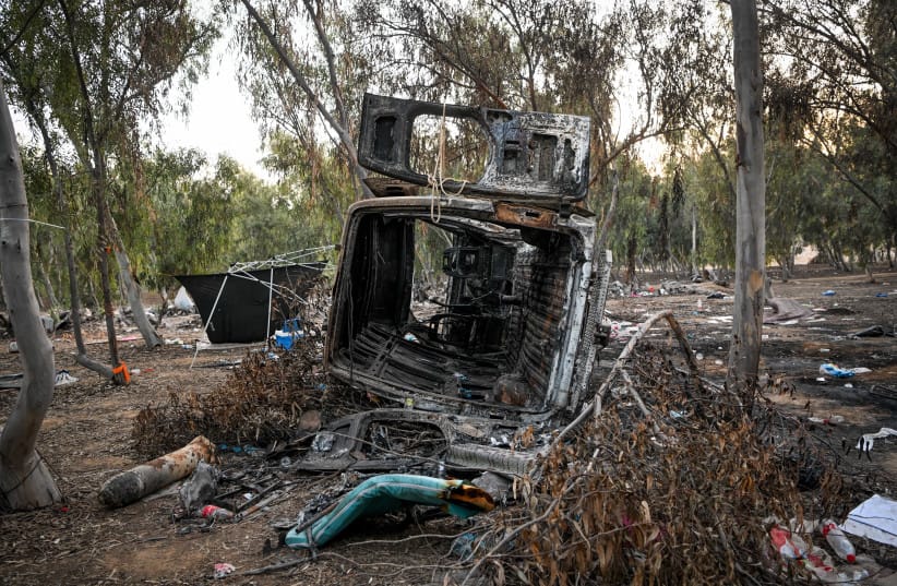  The aftermath of Hamas's Nova music festival massacre in Re'im, southern Israel, on October 7, 2023. Picture taken November 2, 2023 (credit: Arie Leib Abrams/Flash90)