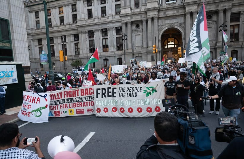 Pro-Palestinian demonstrators block roads as they rally in front of Philadelphia City Hall in Philadelphia, Pennsylvania, on September 10, 2024, ahead of the presidential debate between US Vice President and Democratic presidential candidate Kamala Harris and Republican presidential candidate Donald (credit: ANDREW THOMAS/AFP VIA GETTY IMAGES) Pro-Palestinian demonstrators block roads as they rally in front of Philadelphia City Hall in Philadelphia, Pennsylvania, on September 10, 2024, ahead of the presidential debate between US Vice President and Democratic presidential candidate Kamala Harris and Republican presidential candidate Donald (credit: ANDREW THOMAS/AFP VIA GETTY IMAGES)