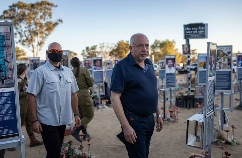 Yisrael Beiteinu party chairman MK Avigdor Liberman visits the Nova music festival memorial site near Kibbutz Re’im in southern Israel on the morning of October 7, 2026. (credit: YONATAN SINDEL/FLASH90)