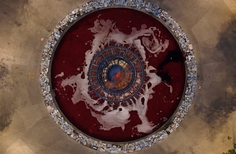 A fountain at Dizengoff Square dyed red on the third anniversary of the October 7 massacre, October 7, 2026. (credit: Courtesy) A fountain at Dizengoff Square dyed red on the third anniversary of the October 7 massacre, October 7, 2026. (credit: Courtesy)