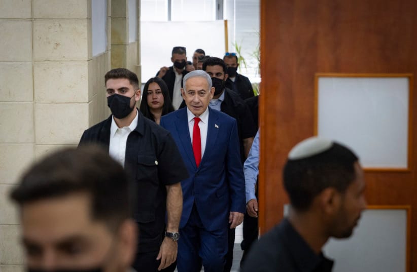 Prime Minister Benjamin Netanyahu arrives for a hearing in his corruption trial at the Jerusalem District Court, October 11, 2026. (credit: CHAIM GOLDBERG/FLASH90)
