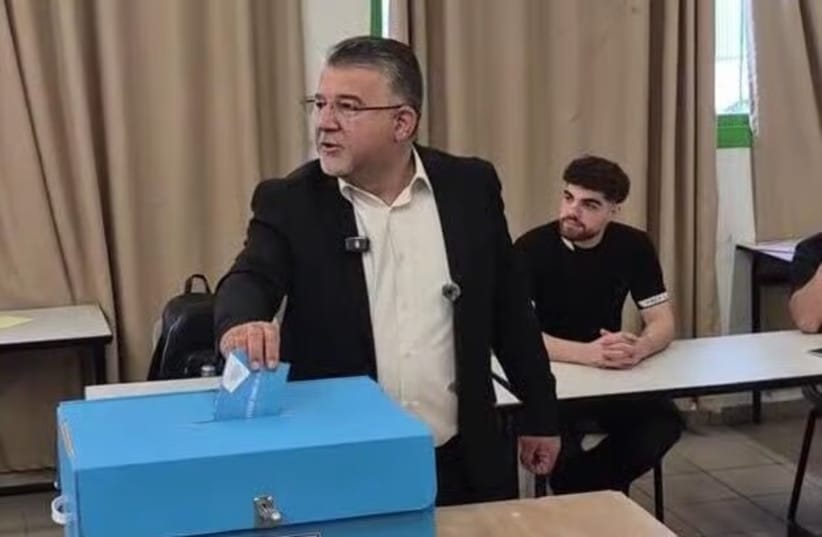 Joint List Chairman Yousef Jabarin cast his ballot in the 26th Knesset election in Umm el-Fahm, October 27, 2026. (credit: Lior Ben Ari)