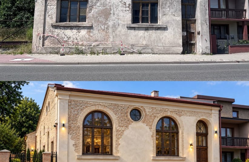 Renderings depicting the planned restoration of the historic synagogue in Trzebinia, Poland. (credit: Meir Bulka, J-NERATIONS)